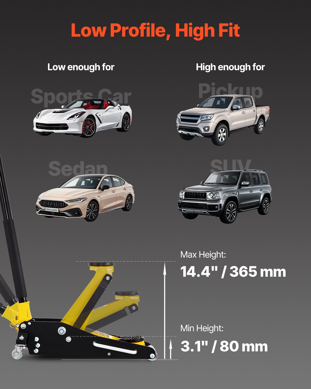 VEVOR 1.5 t hydraulic trolley jack with double piston quick-lift pump, 80-365 mm aluminum & steel car jack, 99 mm tray diameter, for off-road vehicles & workshops