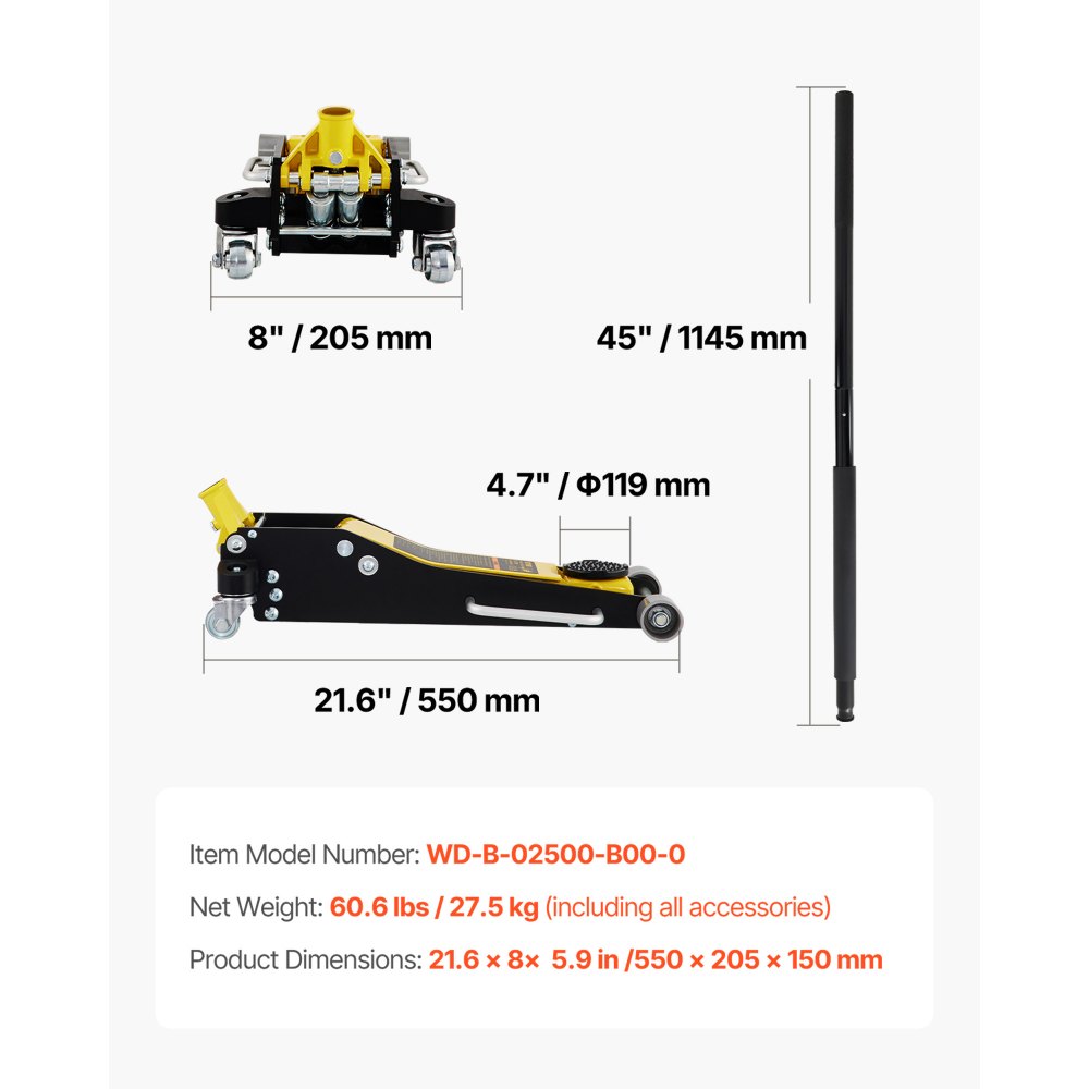 VEVOR Gato de Piso de Perfil Bajo 2,5 toneladas 71x32x15 cm Gato de Carretilla Bajo Perfil Bomba Hidráulica Doble Herramienta de Elevación Baja, Material de Aluminio y Acero, Amplio Rango de Elevación