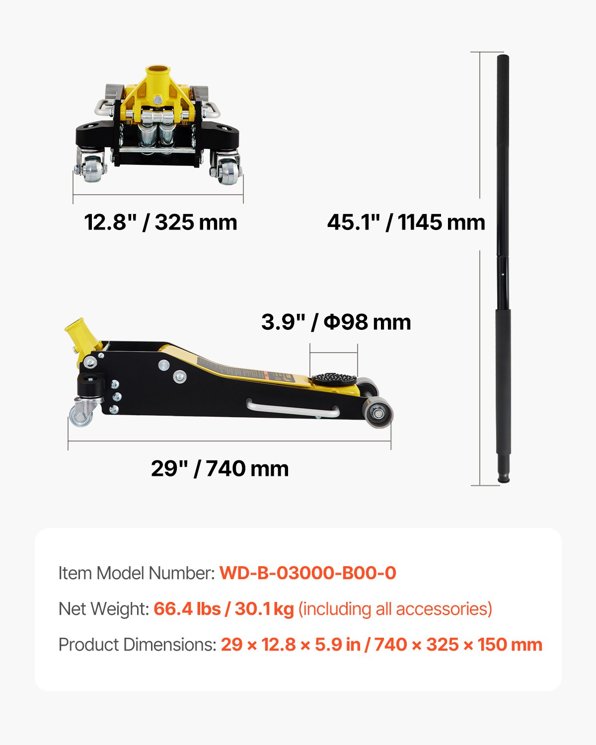 Dimensiones del gato de piso de carreras VEVOR: 29 x 12,8 x 5,9 pulgadas, peso: 66,2 libras, adecuado para automóviles y SUV.