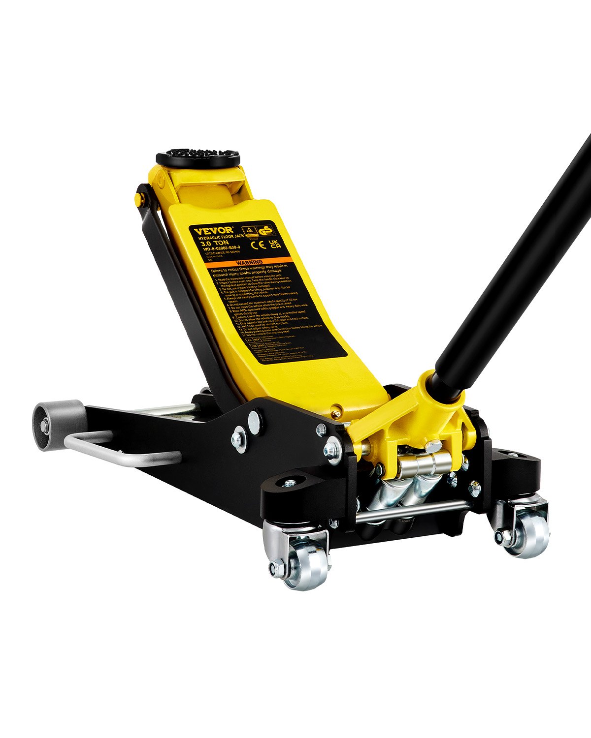 Gato de piso de carreras VEVOR amarillo y negro con capacidad de 3 toneladas, ruedas resistentes y brazo de elevación.