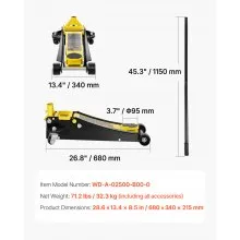 VEVOR Gato Hidráulico de Piso Capacidad de 2,5 T Altura de elevación de 75-495 mm Gato de Acero Resistente con Bomba de Elevación Rápida de Doble Pistón para Taller de Elevación de Camiones SUV