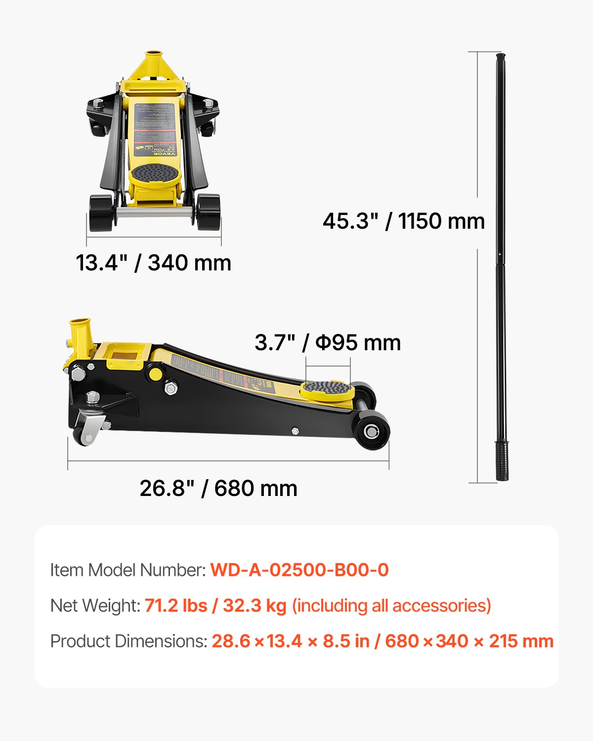 VEVOR Gato Hidráulico de Piso Capacidad de 2,5 T Altura de elevación de 75-495 mm Gato de Acero Resistente con Bomba de Elevación Rápida de Doble Pistón para Taller de Elevación de Camiones SUV