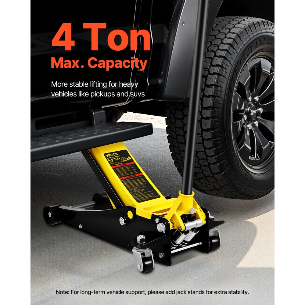 VEVOR Gato Hidráulico de Piso Capacidad de 4 T Altura de elevación de 100-533 mm Gato de Acero Resistente con Bomba de Elevación Rápida de Doble Pistón para Taller de Elevación de Camiones SUV