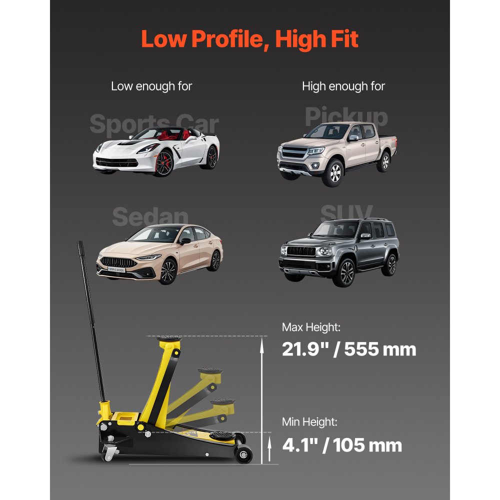 VEVOR Gato Hidráulico de Piso Capacidad de 4 T Altura de elevación de 100-533 mm Gato de Acero Resistente con Bomba de Elevación Rápida de Doble Pistón para Taller de Elevación de Camiones SUV