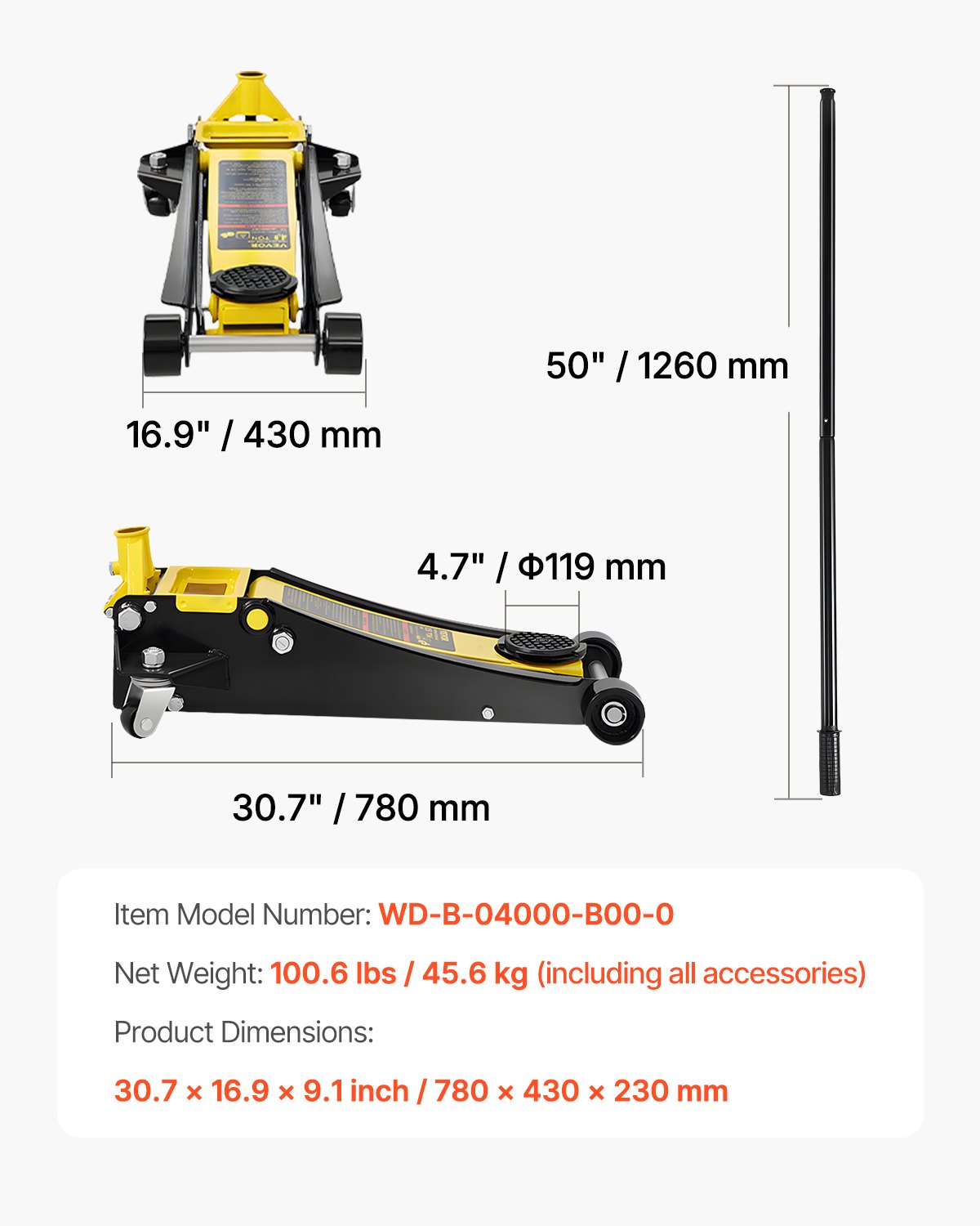 VEVOR Gato Hidráulico de Piso Capacidad de 4 T Altura de elevación de 100-533 mm Gato de Acero Resistente con Bomba de Elevación Rápida de Doble Pistón para Taller de Elevación de Camiones SUV