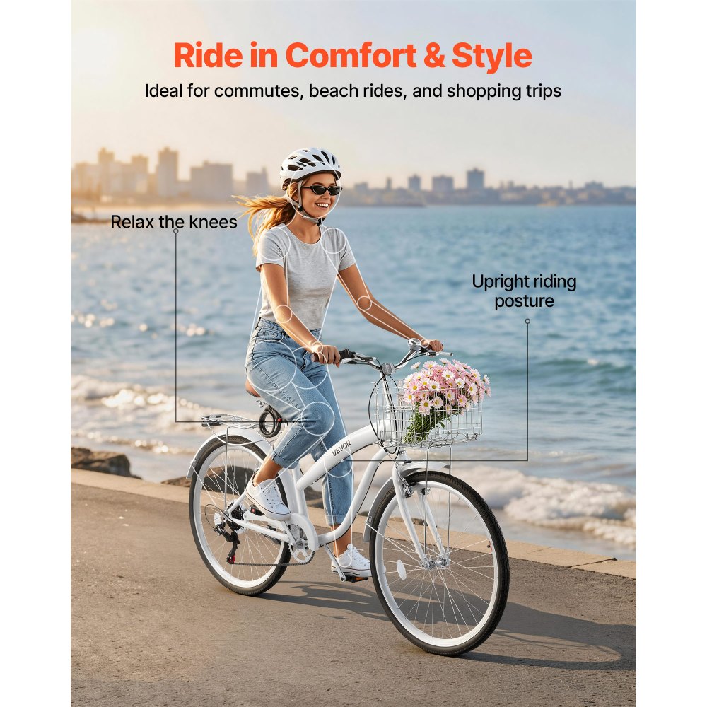 VEVOR Bicicleta Cruiser de 26 pulgadas, 7 Velocidades, Bicicleta Urbana con Cesta y Portaequipajes Trasero, Cuadro de Doble Tubo de Acero al Carbono, Capacidad de 150 kg, para Adultos, Blanco