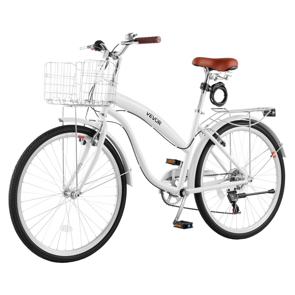 VEVOR Bicicleta Cruiser de 26 pulgadas, 7 Velocidades, Bicicleta Urbana con Cesta y Portaequipajes Trasero, Cuadro de Doble Tubo de Acero al Carbono, Capacidad de 150 kg, para Adultos, Blanco