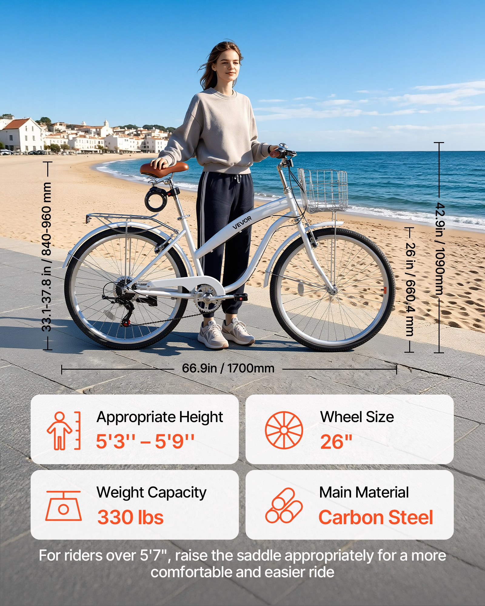 VEVOR Bicicleta Cruiser de 26 pulgadas, 7 Velocidades, Bicicleta Urbana con Cesta y Portaequipajes Trasero, Cuadro de Doble Tubo de Acero al Carbono, Capacidad de 150 kg, para Adultos, Blanco