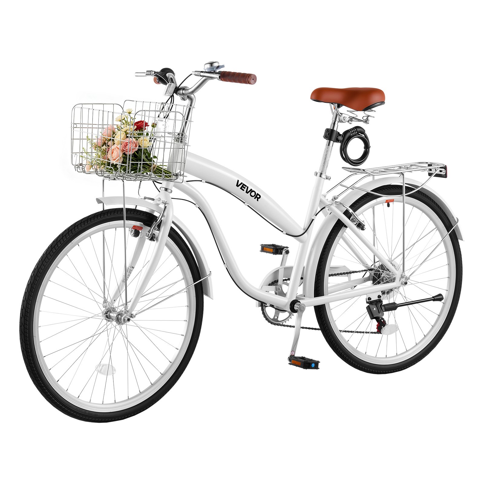 VEVOR Bicicleta Cruiser de 26 pulgadas, 7 Velocidades, Bicicleta Urbana con Cesta y Portaequipajes Trasero, Cuadro de Doble Tubo de Acero al Carbono, Capacidad de 150 kg, para Adultos, Blanco