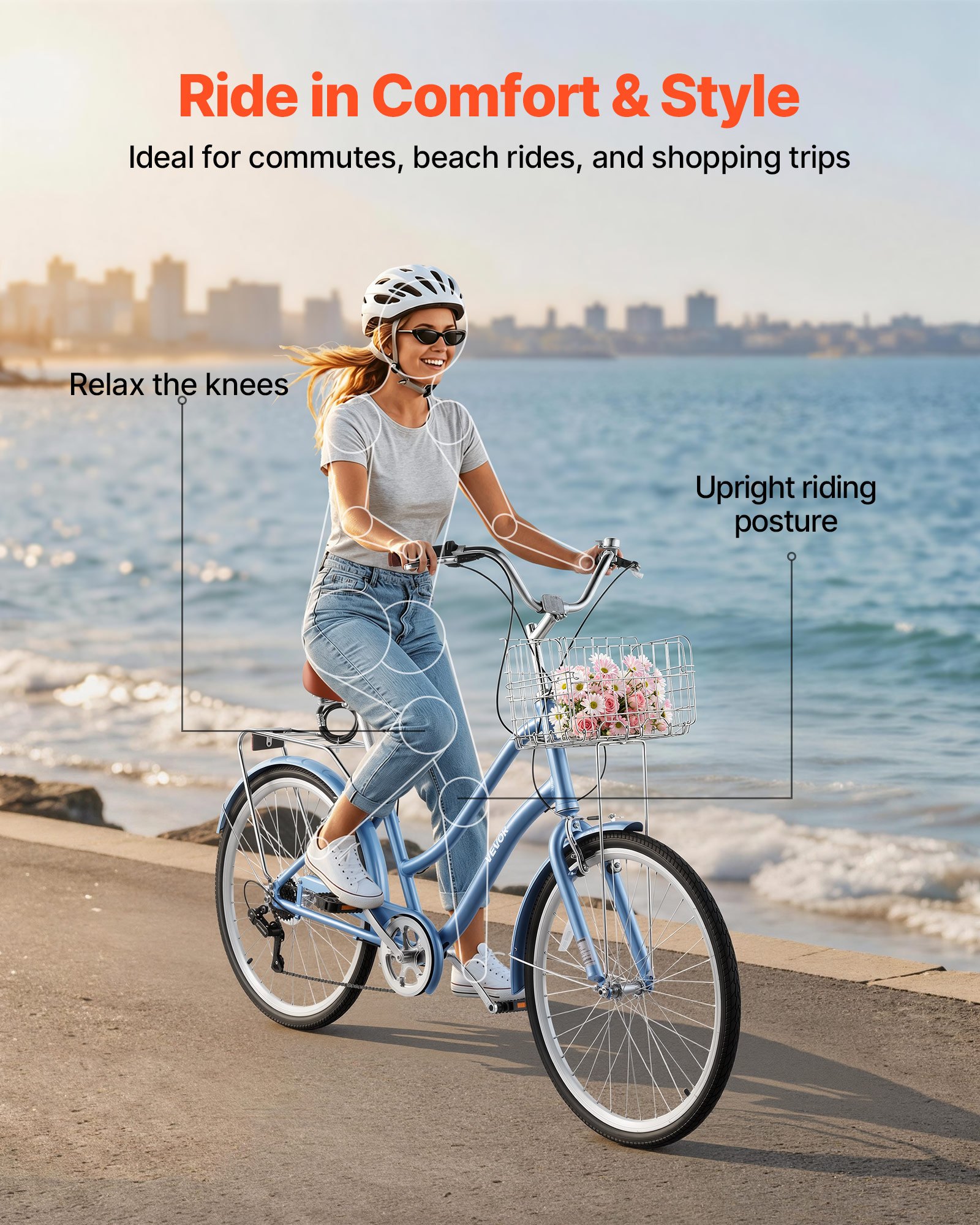 VEVOR Bicicleta Cruiser 26 pulgadas, 7 Velocidades, Bicicleta Urbana con Cesta y Portaequipajes Trasero, Cuadro de Doble Tubo de Aleación de Aluminio, Capacidad de 150 kg, para Adultos, Azul Claro