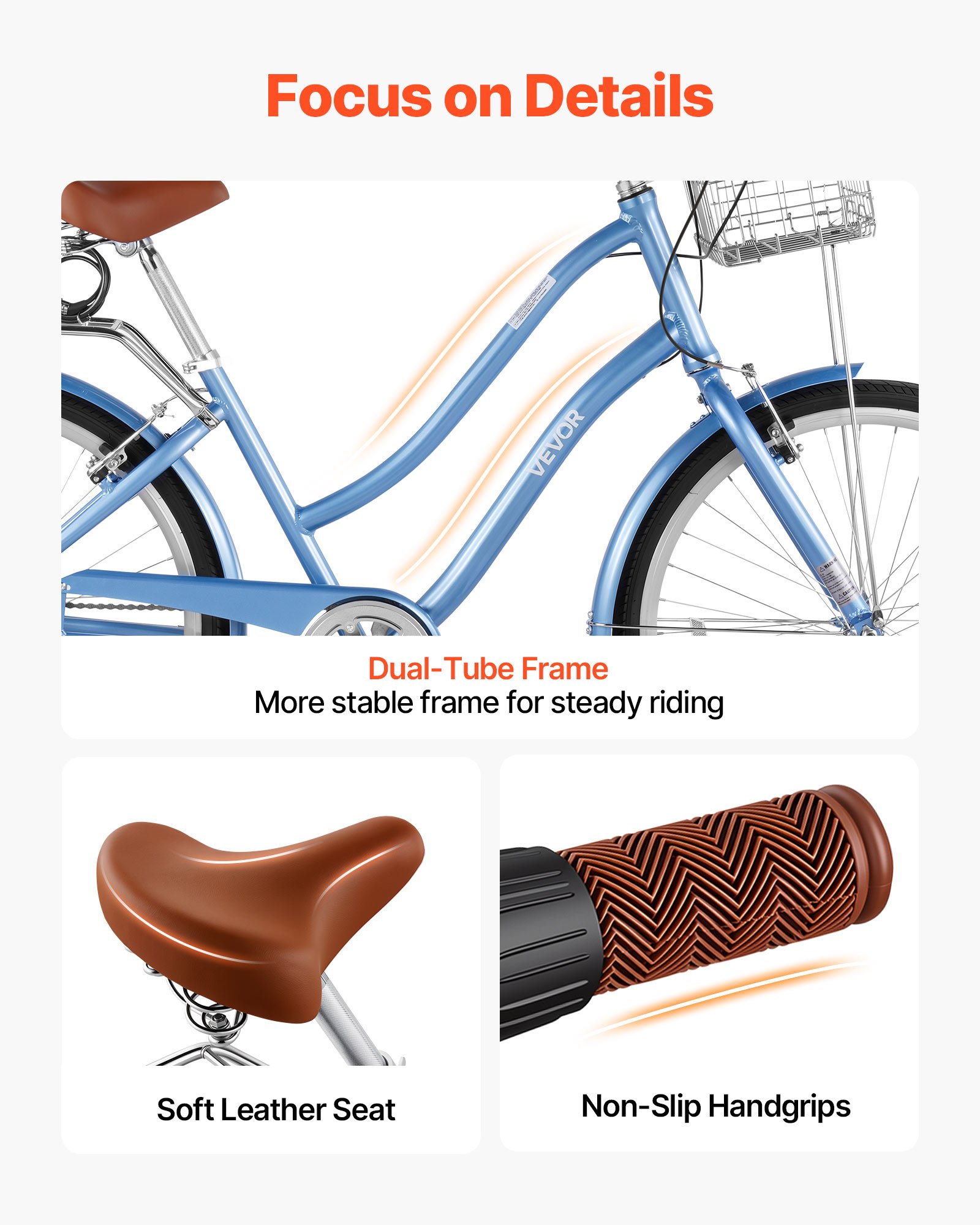 VEVOR Bicicleta Cruiser 26 pulgadas, 7 Velocidades, Bicicleta Urbana con Cesta y Portaequipajes Trasero, Cuadro de Doble Tubo de Aleación de Aluminio, Capacidad de 150 kg, para Adultos, Azul Claro