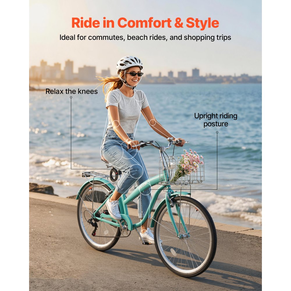 VEVOR Bicicleta Cruiser 26 pulgadas, 7 Velocidades, Bicicleta Urbana con Cesta y Portaequipajes Trasero, Cuadro de Doble Tubo de Acero al Carbono, Capacidad de 150 kg, para Adultos, Verde Claro
