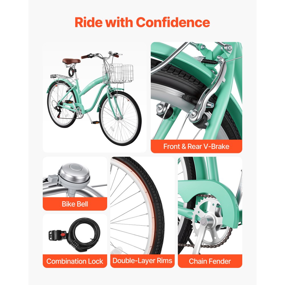 VEVOR Bicicleta Cruiser 26 pulgadas, 7 Velocidades, Bicicleta Urbana con Cesta y Portaequipajes Trasero, Cuadro de Doble Tubo de Acero al Carbono, Capacidad de 150 kg, para Adultos, Verde Claro