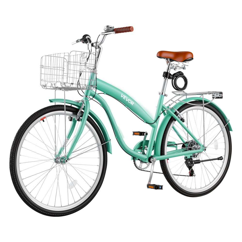VEVOR Bicicleta Cruiser 26 pulgadas, 7 Velocidades, Bicicleta Urbana con Cesta y Portaequipajes Trasero, Cuadro de Doble Tubo de Acero al Carbono, Capacidad de 150 kg, para Adultos, Verde Claro