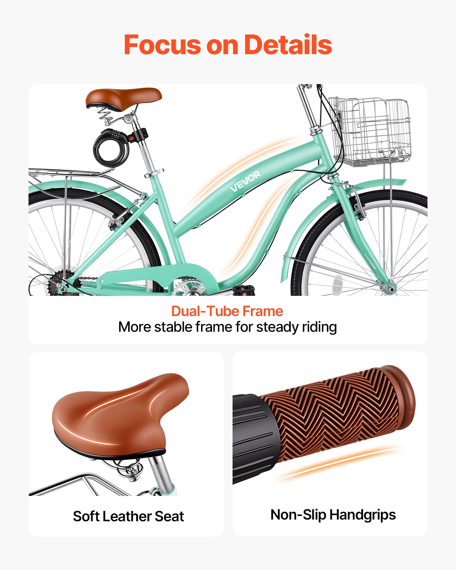 VEVOR Bicicleta Cruiser 26 pulgadas, 7 Velocidades, Bicicleta Urbana con Cesta y Portaequipajes Trasero, Cuadro de Doble Tubo de Acero al Carbono, Capacidad de 150 kg, para Adultos, Verde Claro