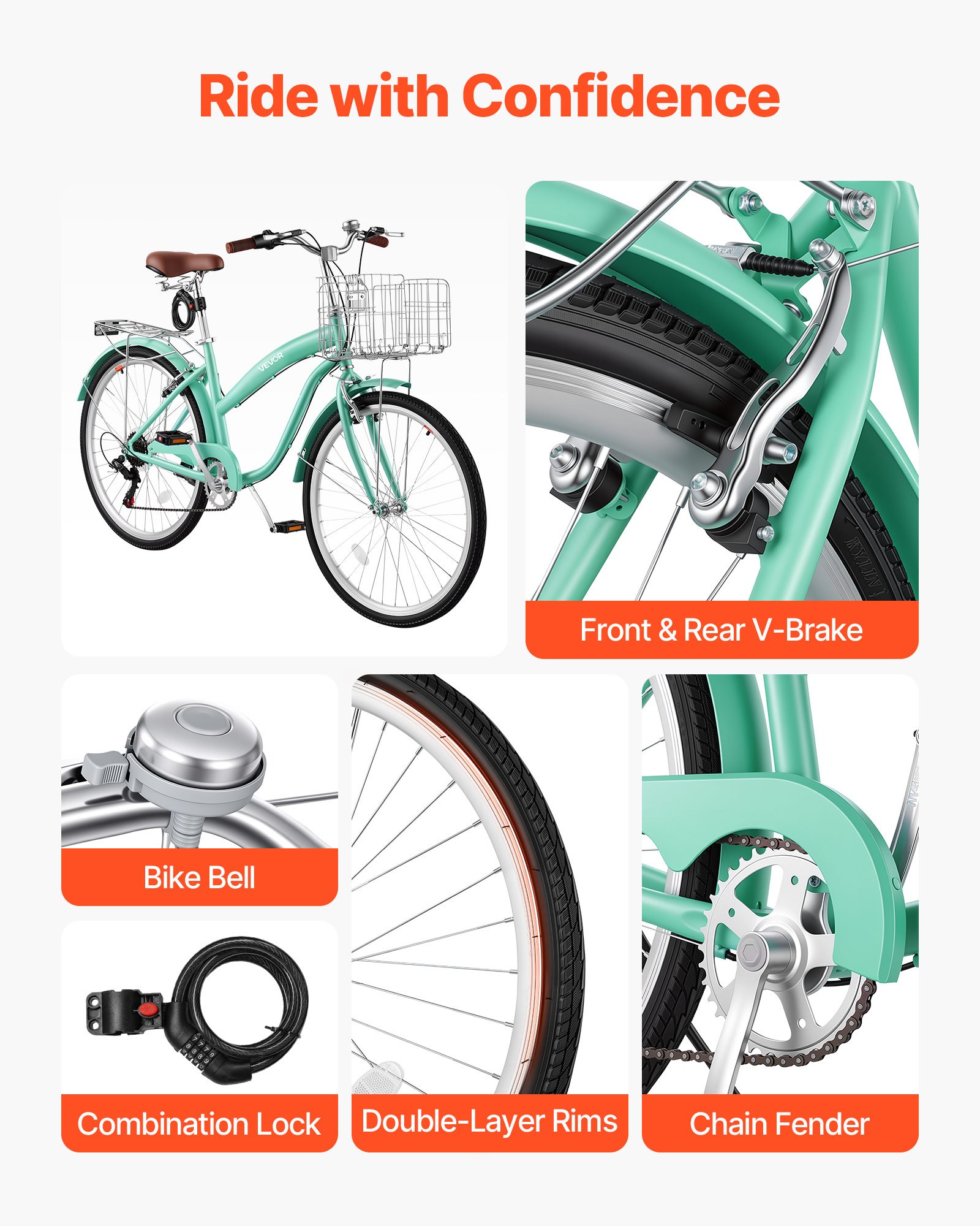 VEVOR Bicicleta Cruiser 26 pulgadas, 7 Velocidades, Bicicleta Urbana con Cesta y Portaequipajes Trasero, Cuadro de Doble Tubo de Acero al Carbono, Capacidad de 150 kg, para Adultos, Verde Claro
