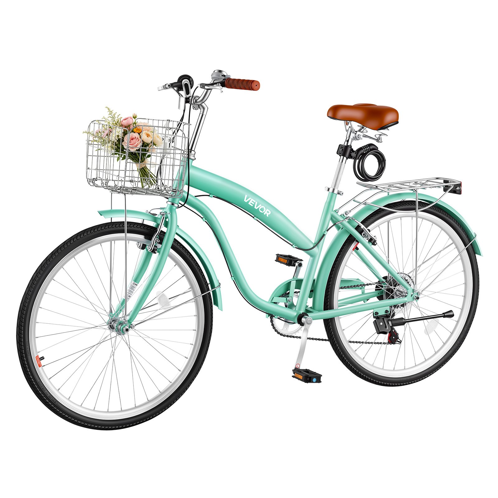 VEVOR Bicicleta Cruiser 26 pulgadas, 7 Velocidades, Bicicleta Urbana con Cesta y Portaequipajes Trasero, Cuadro de Doble Tubo de Acero al Carbono, Capacidad de 150 kg, para Adultos, Verde Claro