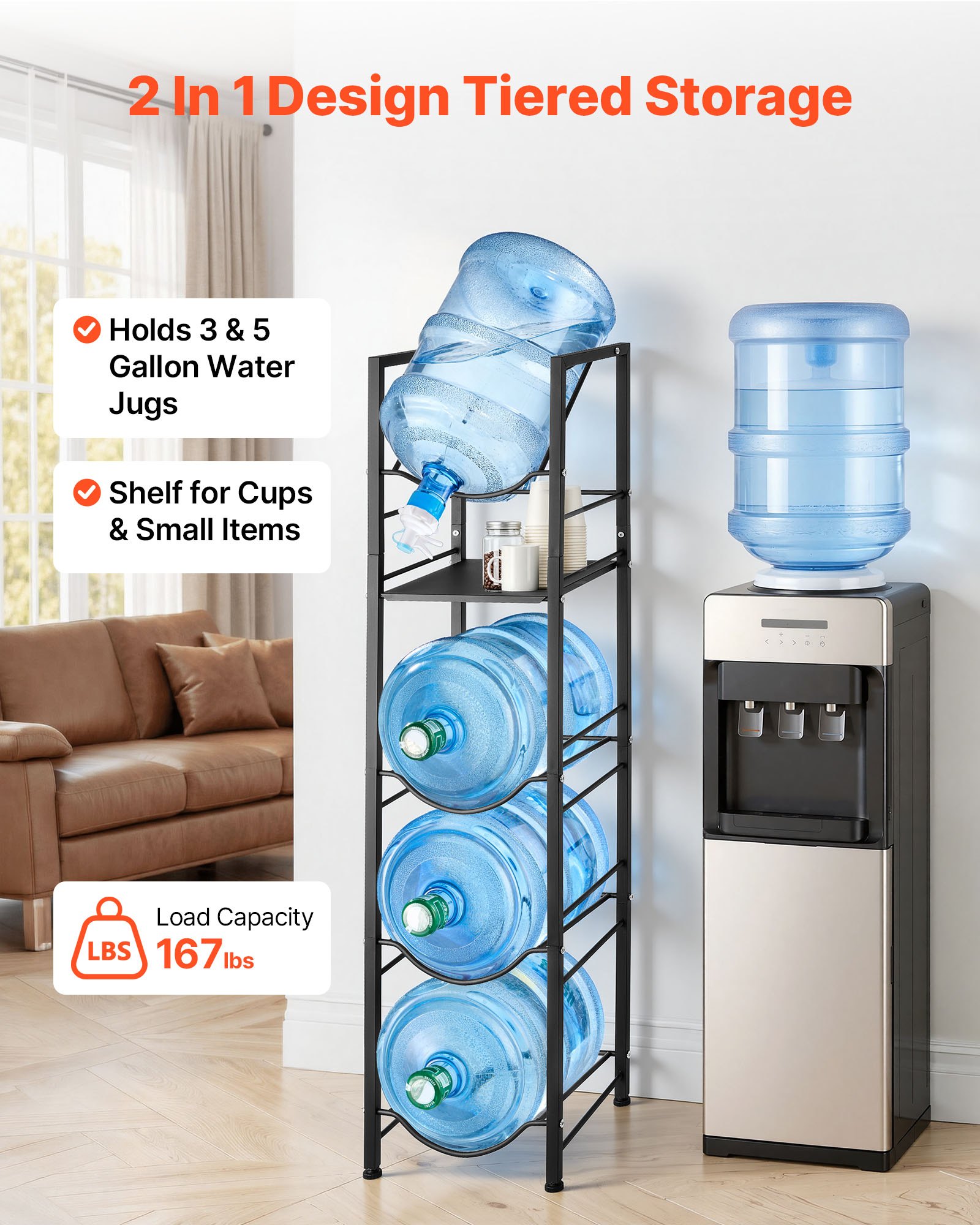 VEVOR Estante para Garrafas de Agua, Soporte para Botellones de Agua, Estantería Metálica de 5 Niveles para 4 Botellas de 11/19 L, Diseño Antivuelco, Organizador de Almacenamiento para Oficina Cocina