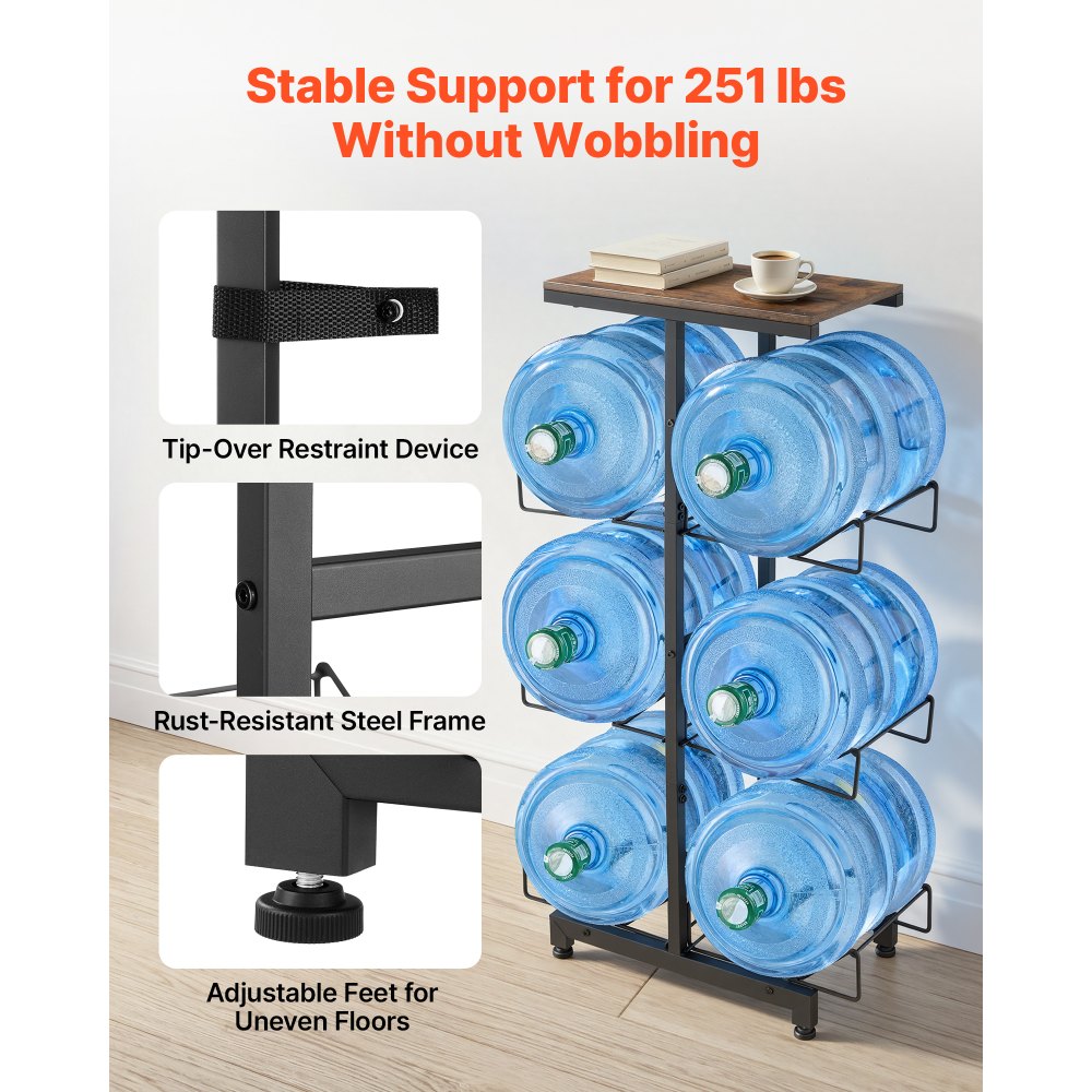 VEVOR Estante para Garrafas de Agua, Soporte para Botellas Grandes de Agua, 3 Niveles para 6 Botellones, Estructura Metálica, Organizador de Almacenamiento Plegable para Oficina Comedor Sala de Estar