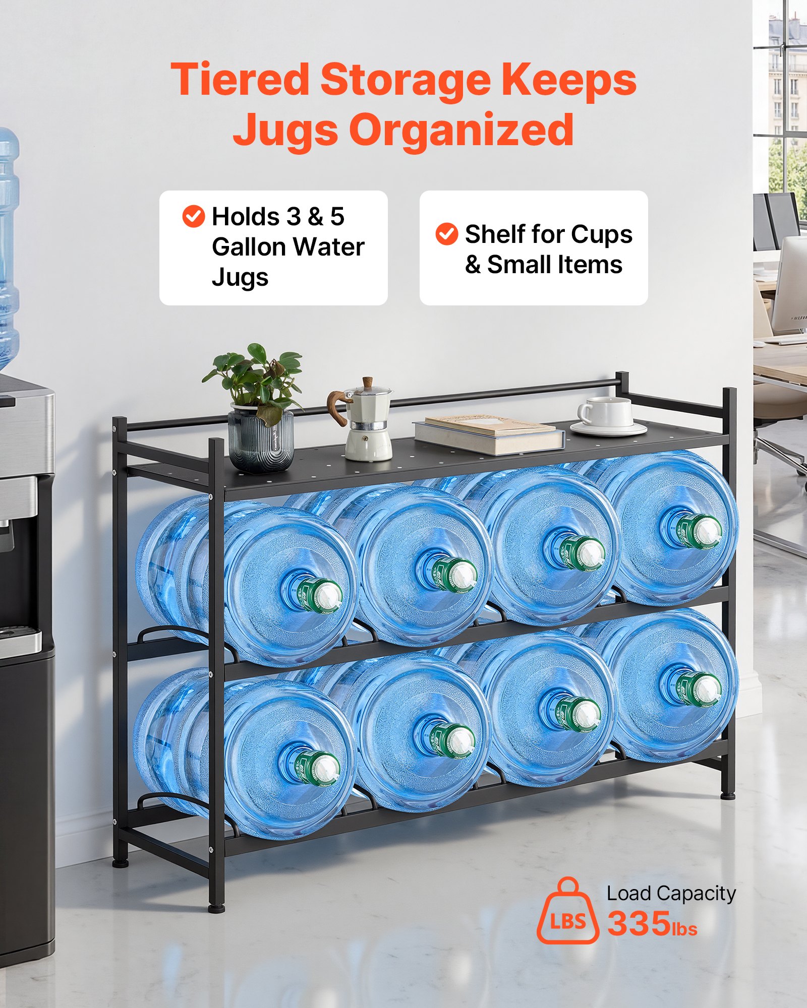 VEVOR Estante para Garrafas de Agua, Soporte para Botellas Grandes de Agua, Estantería de 3 Niveles y 8 Compartimentos, para Jarras de 11/19 L, Organizador de Almacenamiento para Oficina Cocina Salón