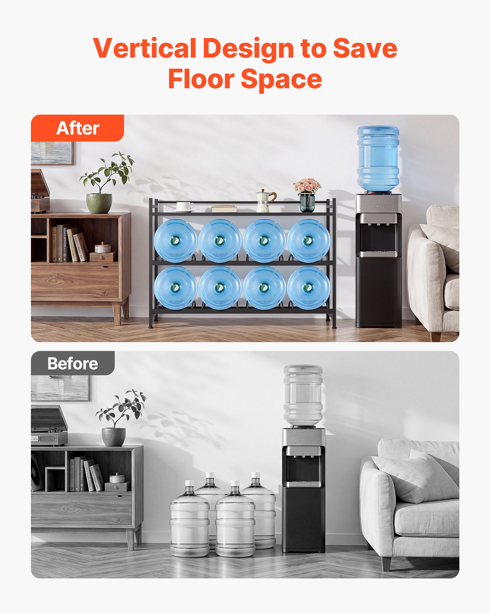 VEVOR Estante para Garrafas de Agua, Soporte para Botellas Grandes de Agua, Estantería de 3 Niveles y 8 Compartimentos, para Jarras de 11/19 L, Organizador de Almacenamiento para Oficina Cocina Salón