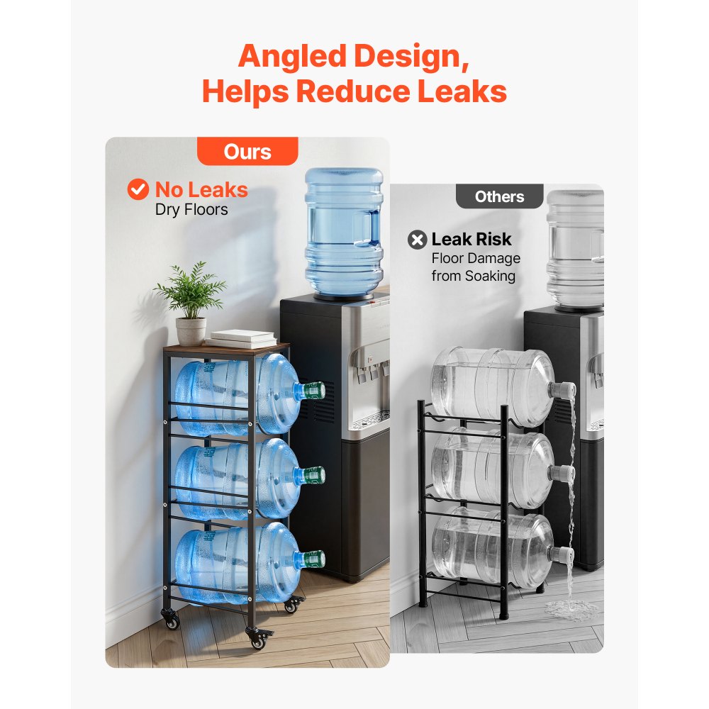 VEVOR Estante para Garrafas de Agua, Soporte para Botellones de Agua, Estantería con Ruedas con Freno para 3 Botellas con Estante Superior, Organizador de Almacenamiento para Oficina Comedor Salón