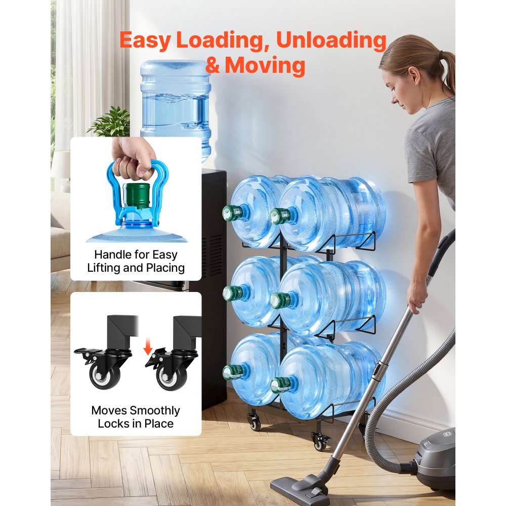 VEVOR Estante para Garrafas de Agua, Soporte para Botellas Grandes de Agua, 3 Niveles para 6 Botellas, Compatible con Jarras de 11 L y 19 L, con Ruedas con Freno, Plegable para Oficina Cocina Hogar