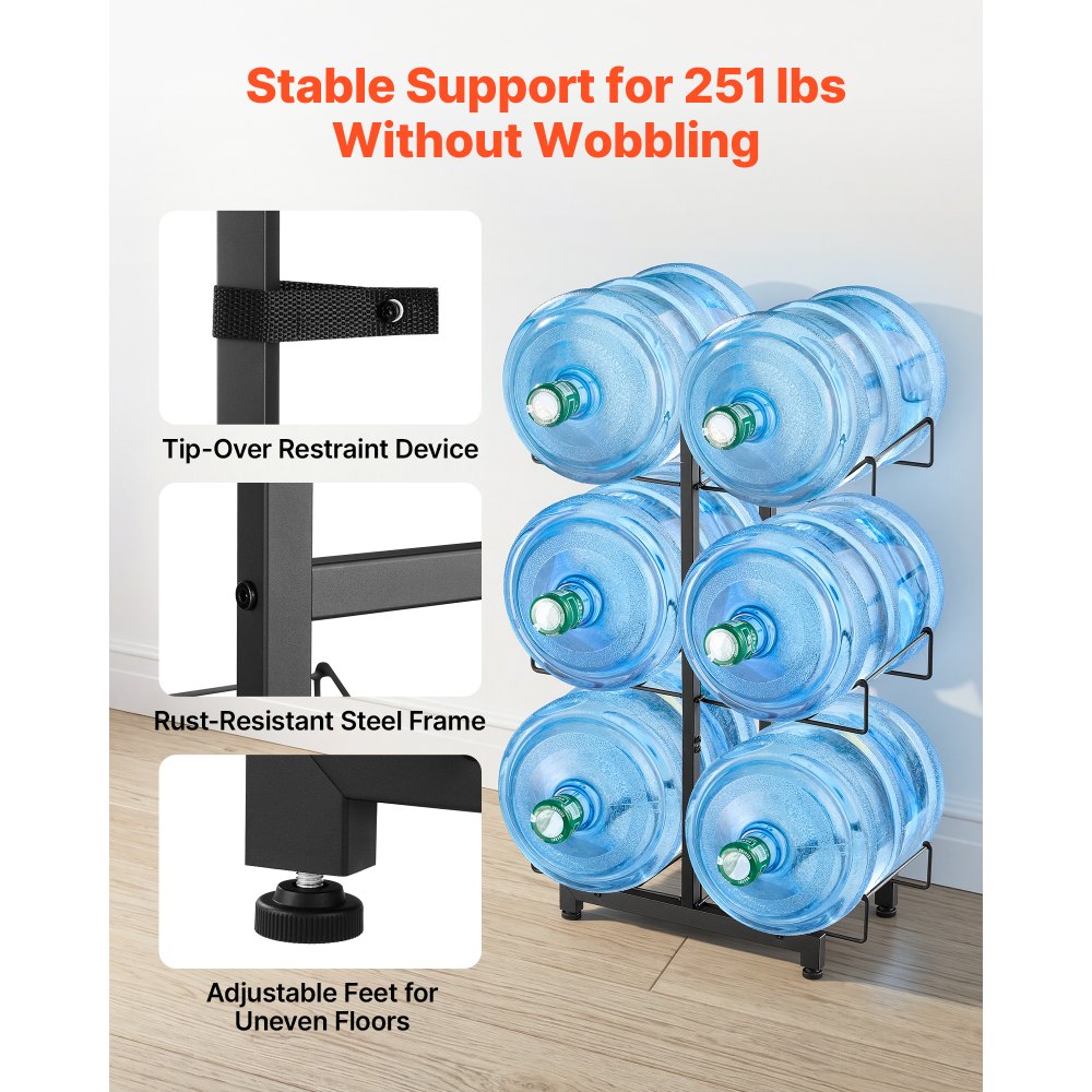 VEVOR Estante para Garrafas de Agua, Soporte para Botellas Grandes de Agua, 3 Niveles para 6 Botellas, Compatible con Jarras de 11 L y 19 L, con Ruedas con Freno, Plegable para Oficina Cocina Hogar