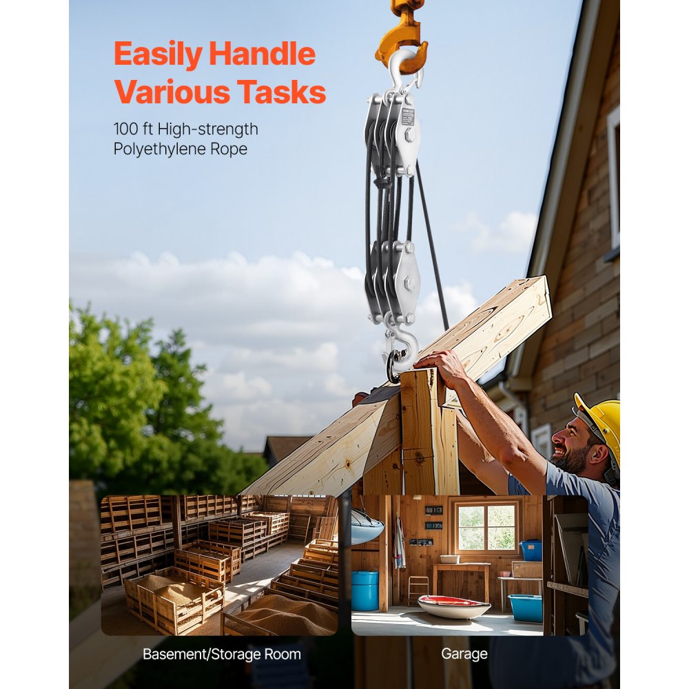 VEVOR Polipasto de Polea de Cuerda de 30,48 m Resistencia a la Rotura de 2 T con Potencia de Elevación de 5:1 con 2 Bucles Suaves y Ruedas de Metal, Bloque y Aparejo para Levantar Objetos Pesados
