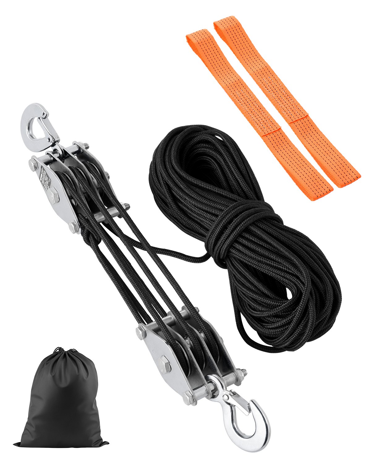 VEVOR Polipasto de Polea de Cuerda de 30,48 m Resistencia a la Rotura de 2 T con Potencia de Elevación de 5:1 con 2 Bucles Suaves y Ruedas de Metal, Bloque y Aparejo para Levantar Objetos Pesados