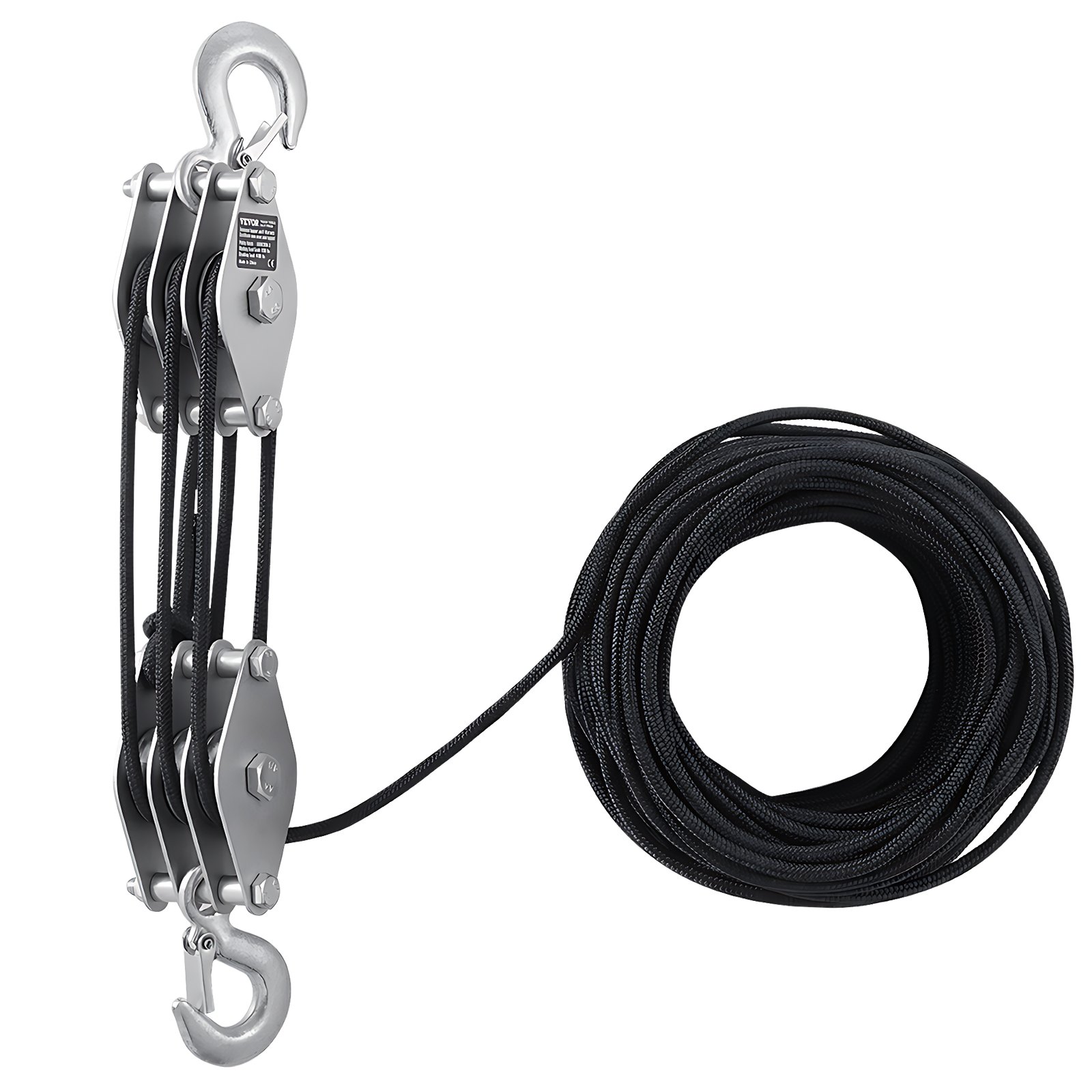 VEVOR Polipasto de Polea de Cuerda de 30,48 m Resistencia a la Rotura de 2 T con Potencia de Elevación de 5:1 con 2 Bucles Suaves y Ruedas de Metal, Bloque y Aparejo para Levantar Objetos Pesados
