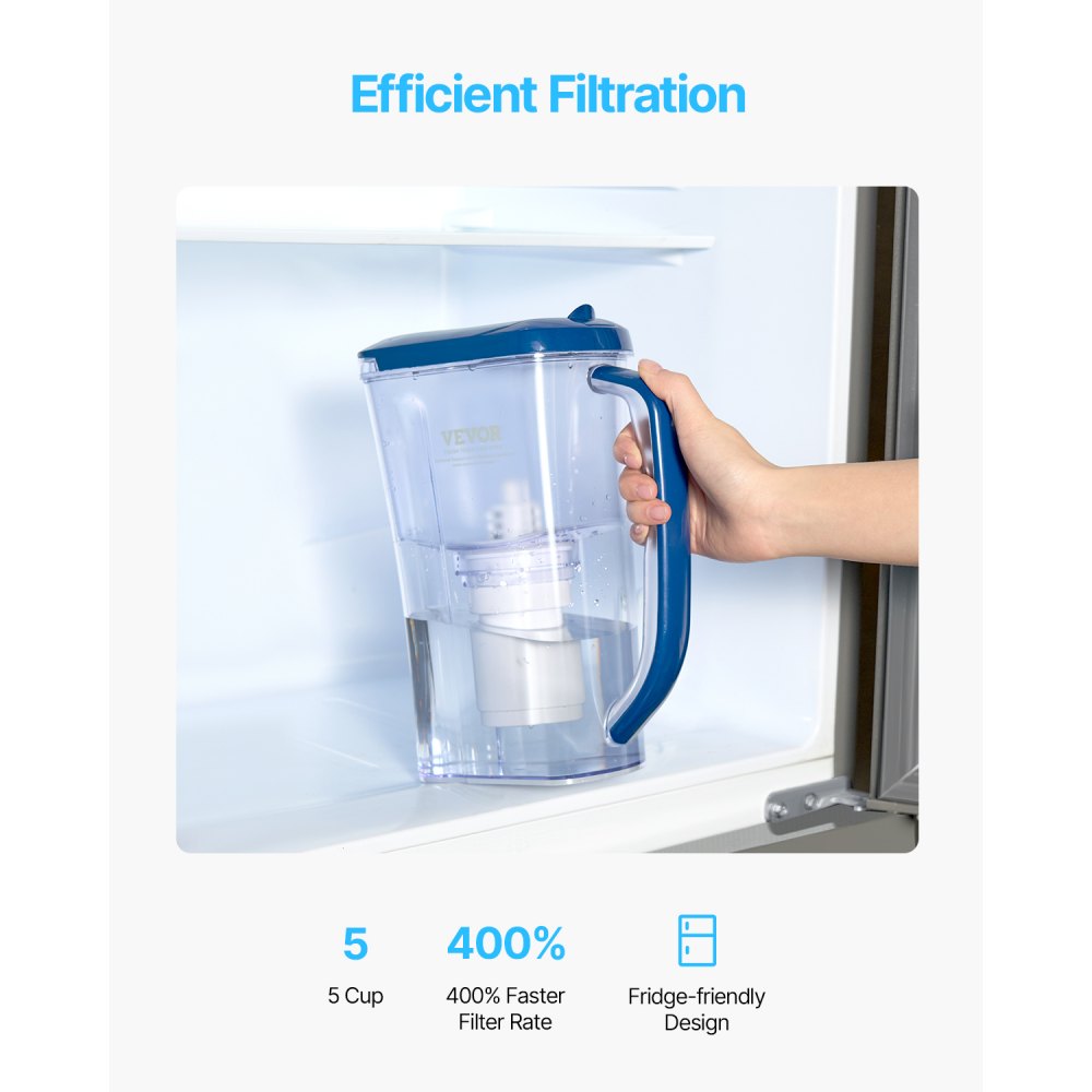 VEVOR Jarra con Filtro de Agua de 9 Tazas con Filtro 5 Etapas, Plástico, con Indicador de Cambio de Filtro, sin BPA, Duración de 3 Meses o 150 L, Reduce la Cal, el Plomo, el Cloro y los Olores