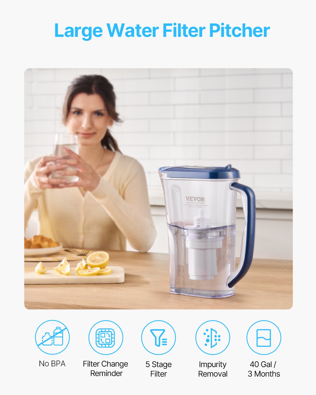 VEVOR Jarra con Filtro de Agua de 9 Tazas con Filtro 5 Etapas, Plástico, con Indicador de Cambio de Filtro, sin BPA, Duración de 3 Meses o 150 L, Reduce la Cal, el Plomo, el Cloro y los Olores