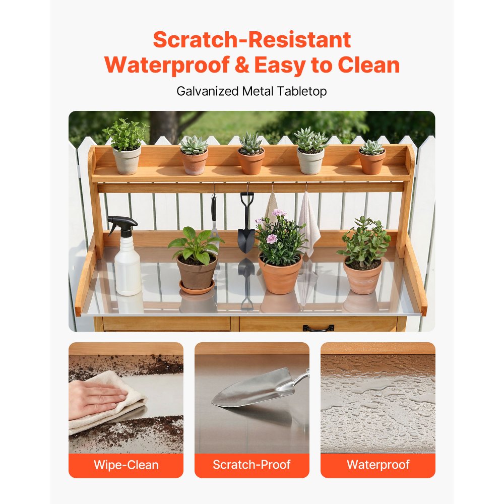 VEVOR Mesa de Jardinería 3 en 1, Banco de Trabajo de Jardín 1120 x 465 x 1255 mm con Tablero Metal Galvanizado, Estante Superior, Cajón, Armario, Ganchos para Exterior Macetas Patio Almacenamiento