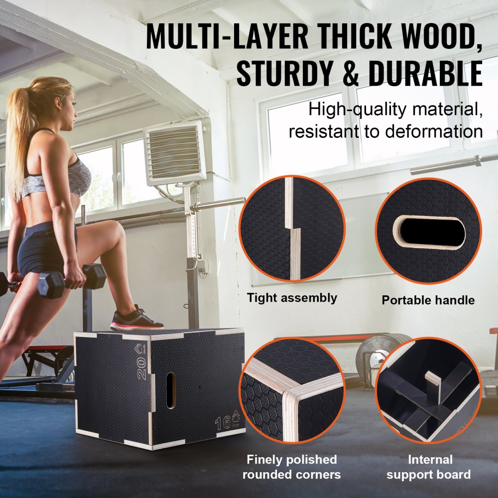 VEVOR Caja pliométrica 3 en 1 Jump Box Culturismo Fitness Crossfit Madera Antideslizante Altura 50/45/40 cm Carga 204 kg para entrenamiento pliométrico Step-ups Flexiones Sentadillas Gimnasio en casa