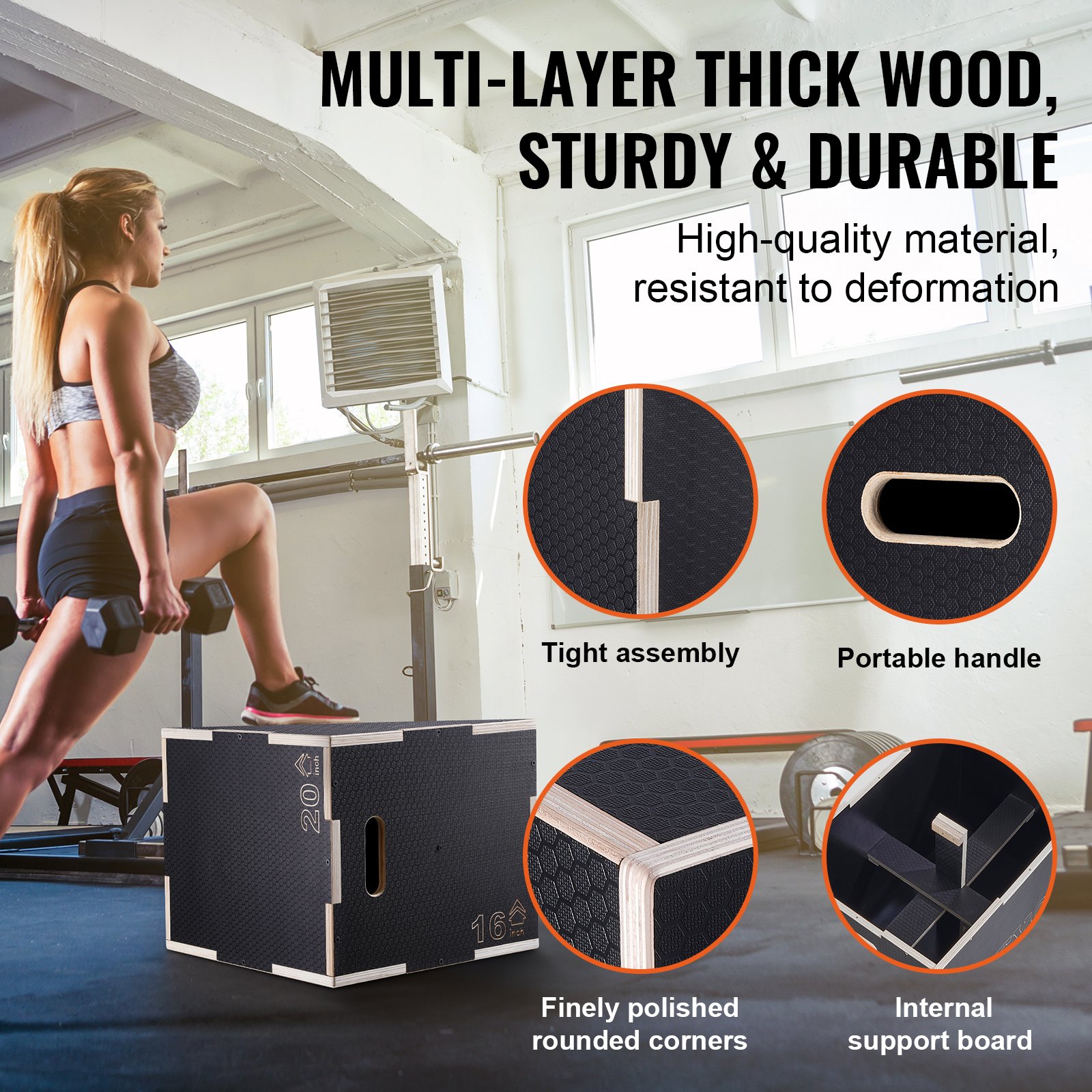 VEVOR Caja pliométrica 3 en 1 Jump Box Culturismo Fitness Crossfit Madera Antideslizante Altura 50/45/40 cm Carga 204 kg para entrenamiento pliométrico Step-ups Flexiones Sentadillas Gimnasio en casa