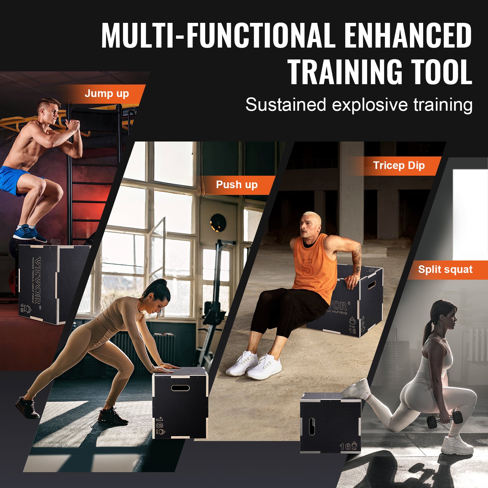 VEVOR Caja pliométrica 3 en 1 Jump Box Culturismo Fitness Crossfit Madera Antideslizante Altura 50/45/40 cm Carga 204 kg para entrenamiento pliométrico Step-ups Flexiones Sentadillas Gimnasio en casa