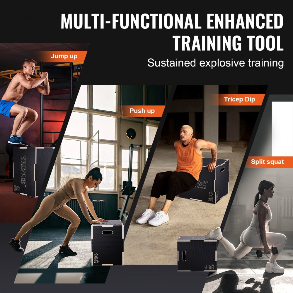 VEVOR Caja Pliométrica 3 en 1 Altura Ajustable 60/50/40 cm Caja de Salto Culturismo Fitness de Madera Antideslizante Carga de 204 kg para Entrenamiento Pliométrico Flexiones Sentadillas Gimnasio Hogar
