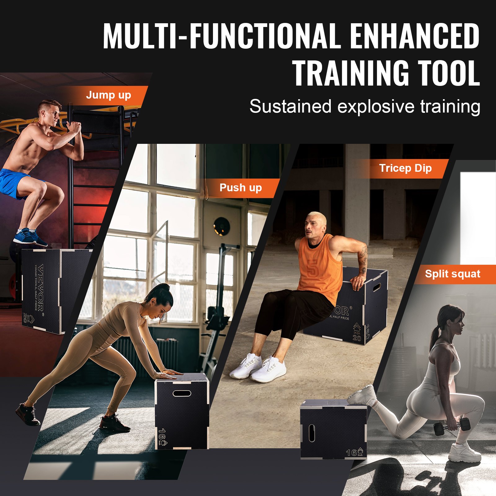 VEVOR Caja Pliométrica 3 en 1 Altura Ajustable 60/50/40 cm Caja de Salto Culturismo Fitness de Madera Antideslizante Carga de 204 kg para Entrenamiento Pliométrico Flexiones Sentadillas Gimnasio Hogar