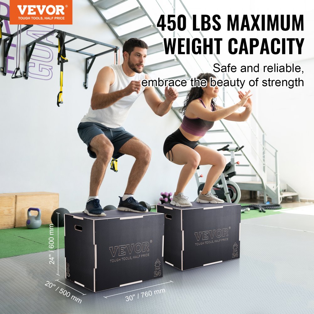 VEVOR Caja Pliométrica 3 en 1 Altura Ajustable 76/60/50 cm Caja de Salto Culturismo Fitness de Madera Antideslizante Carga de 204 kg para Entrenamiento Pliométrico Flexiones Sentadillas Gimnasio Hogar