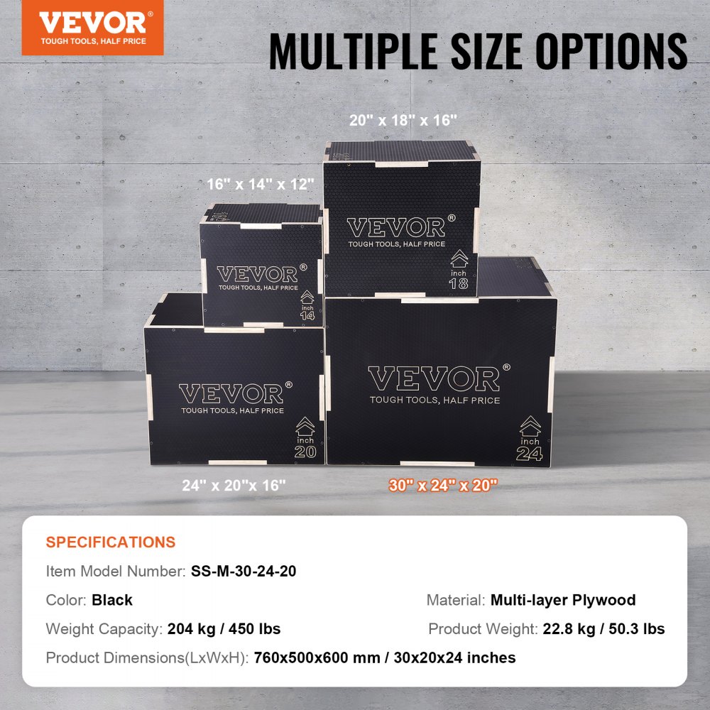VEVOR Caja Pliométrica 3 en 1 Altura Ajustable 76/60/50 cm Caja de Salto Culturismo Fitness de Madera Antideslizante Carga de 204 kg para Entrenamiento Pliométrico Flexiones Sentadillas Gimnasio Hogar