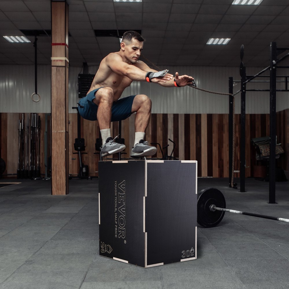 VEVOR Caja Pliométrica 3 en 1 Altura Ajustable 76/60/50 cm Caja de Salto Culturismo Fitness de Madera Antideslizante Carga de 204 kg para Entrenamiento Pliométrico Flexiones Sentadillas Gimnasio Hogar