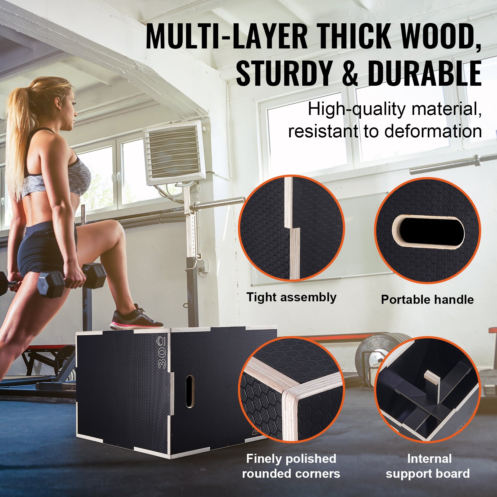 VEVOR Caja Pliométrica 3 en 1 Altura Ajustable 76/60/50 cm Caja de Salto Culturismo Fitness de Madera Antideslizante Carga de 204 kg para Entrenamiento Pliométrico Flexiones Sentadillas Gimnasio Hogar