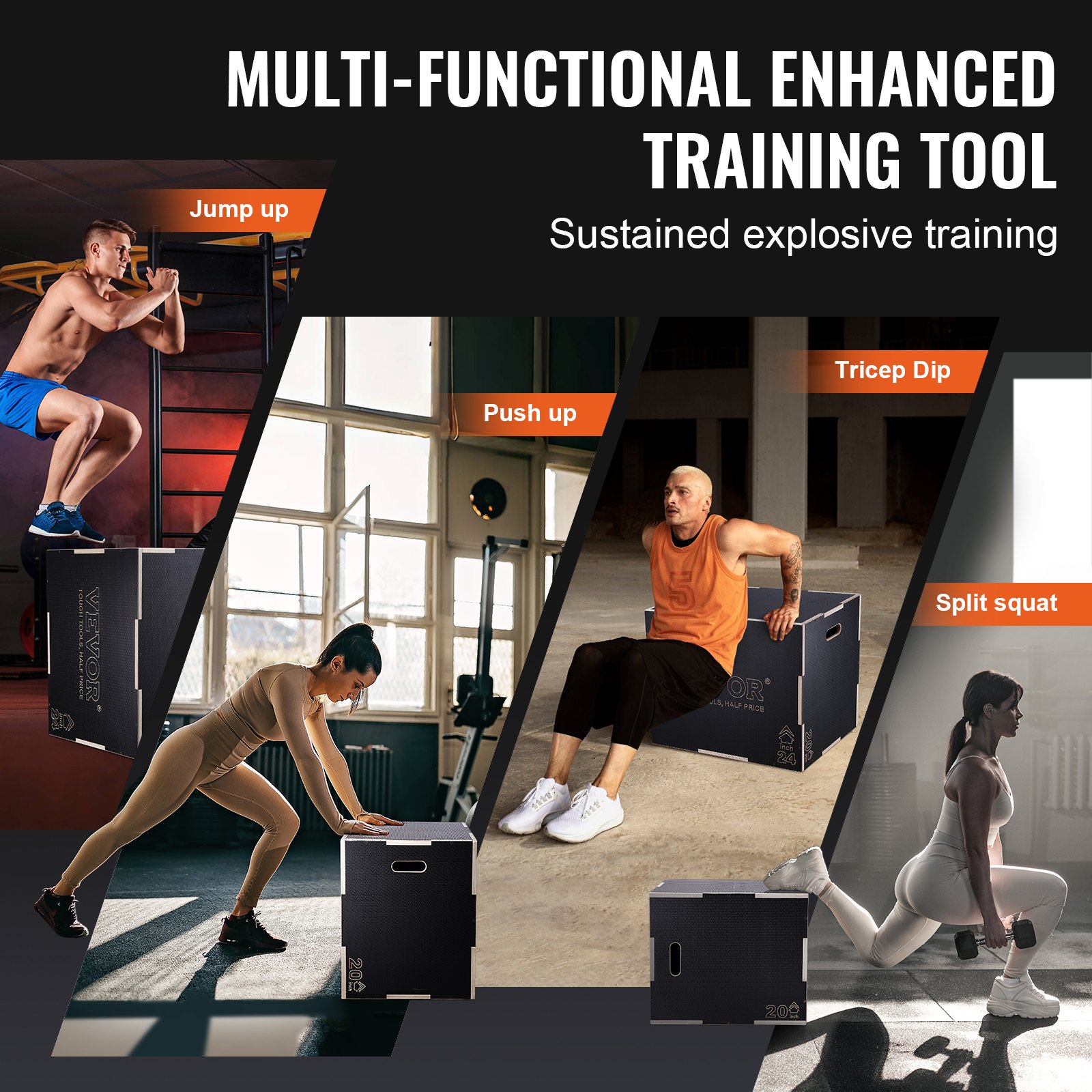 VEVOR Caja Pliométrica 3 en 1 Altura Ajustable 76/60/50 cm Caja de Salto Culturismo Fitness de Madera Antideslizante Carga de 204 kg para Entrenamiento Pliométrico Flexiones Sentadillas Gimnasio Hogar