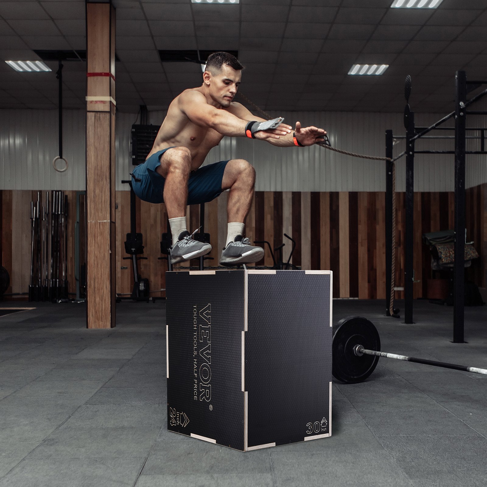 VEVOR Caja Pliométrica 3 en 1 Altura Ajustable 76/60/50 cm Caja de Salto Culturismo Fitness de Madera Antideslizante Carga de 204 kg para Entrenamiento Pliométrico Flexiones Sentadillas Gimnasio Hogar