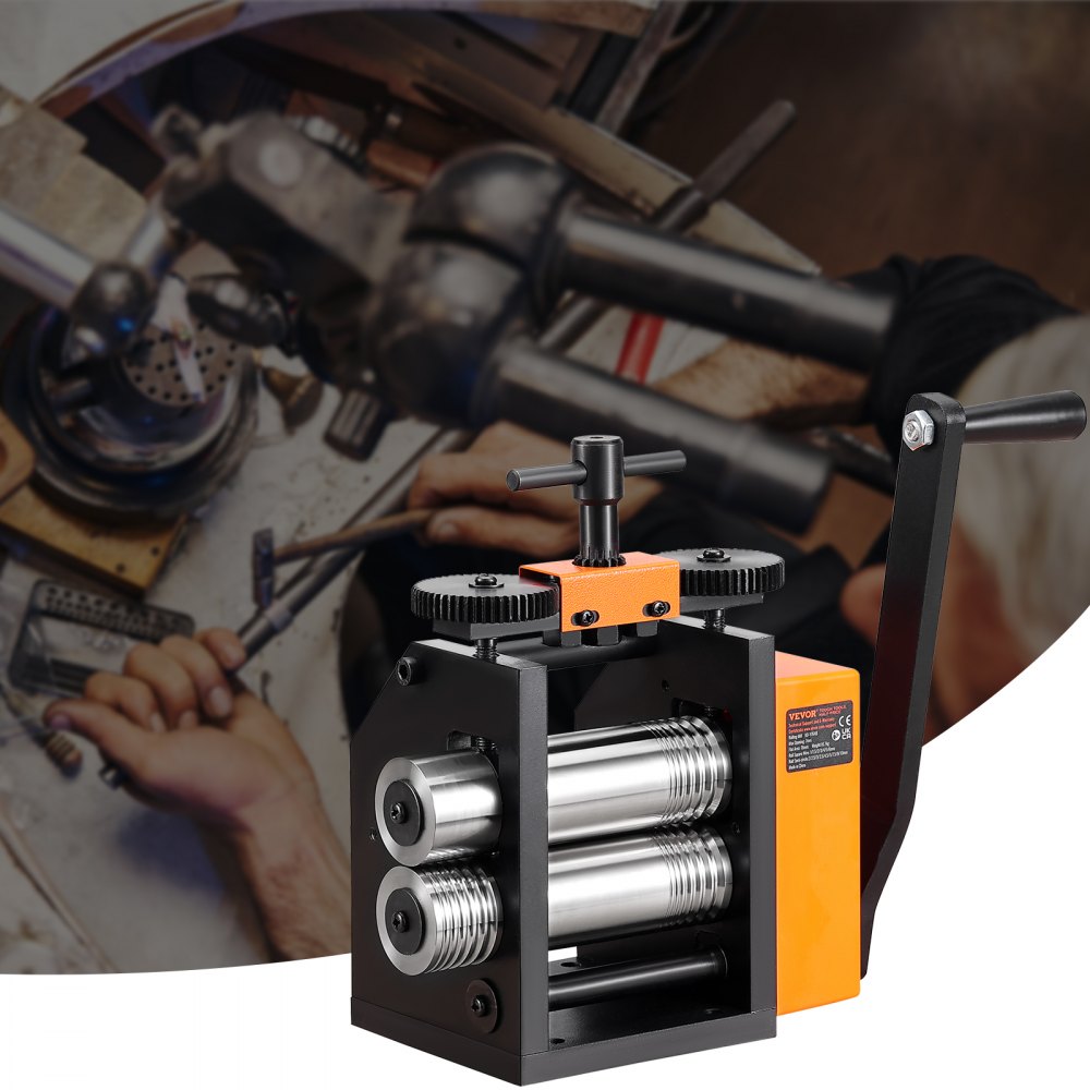 Máquina laminadora VEVOR en un taller con manos utilizando herramientas en el fondo.