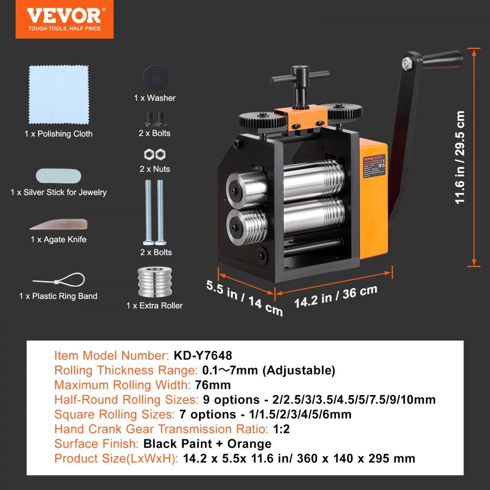 VEVOR Laminador de Joyería Ancho 76mm Espesor de Máquina Laminadora de Joyería 0,1-7 mm Relación de Engranaje Ajustable 1:2 para Procesamiento de Joyería Chapa de metal Oro Plata Anillo Pulsera Taller