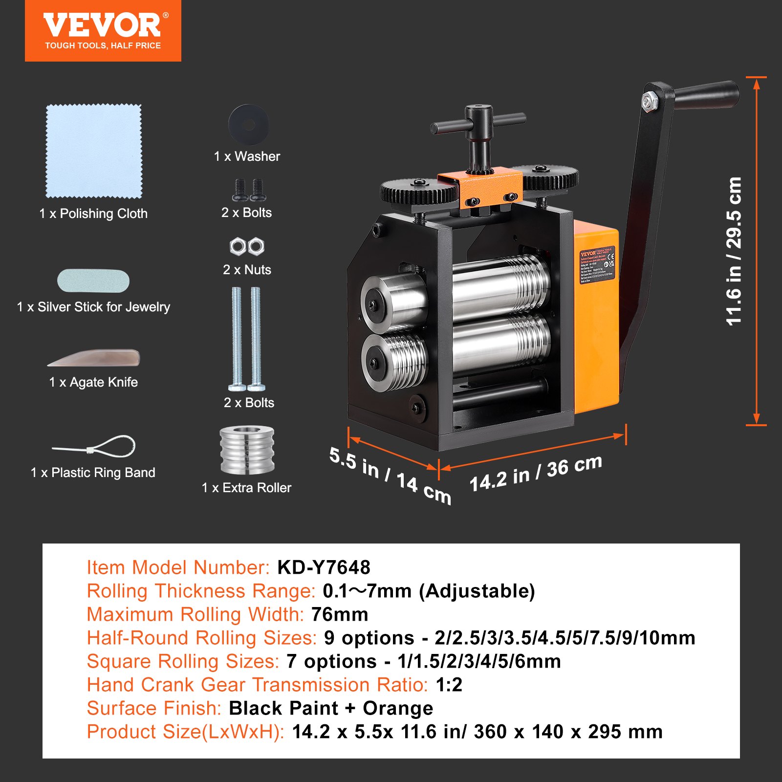 Laminador VEVOR kd-y7648 con múltiples tamaños de laminación, manivela, accesorios y dimensiones detalladas.