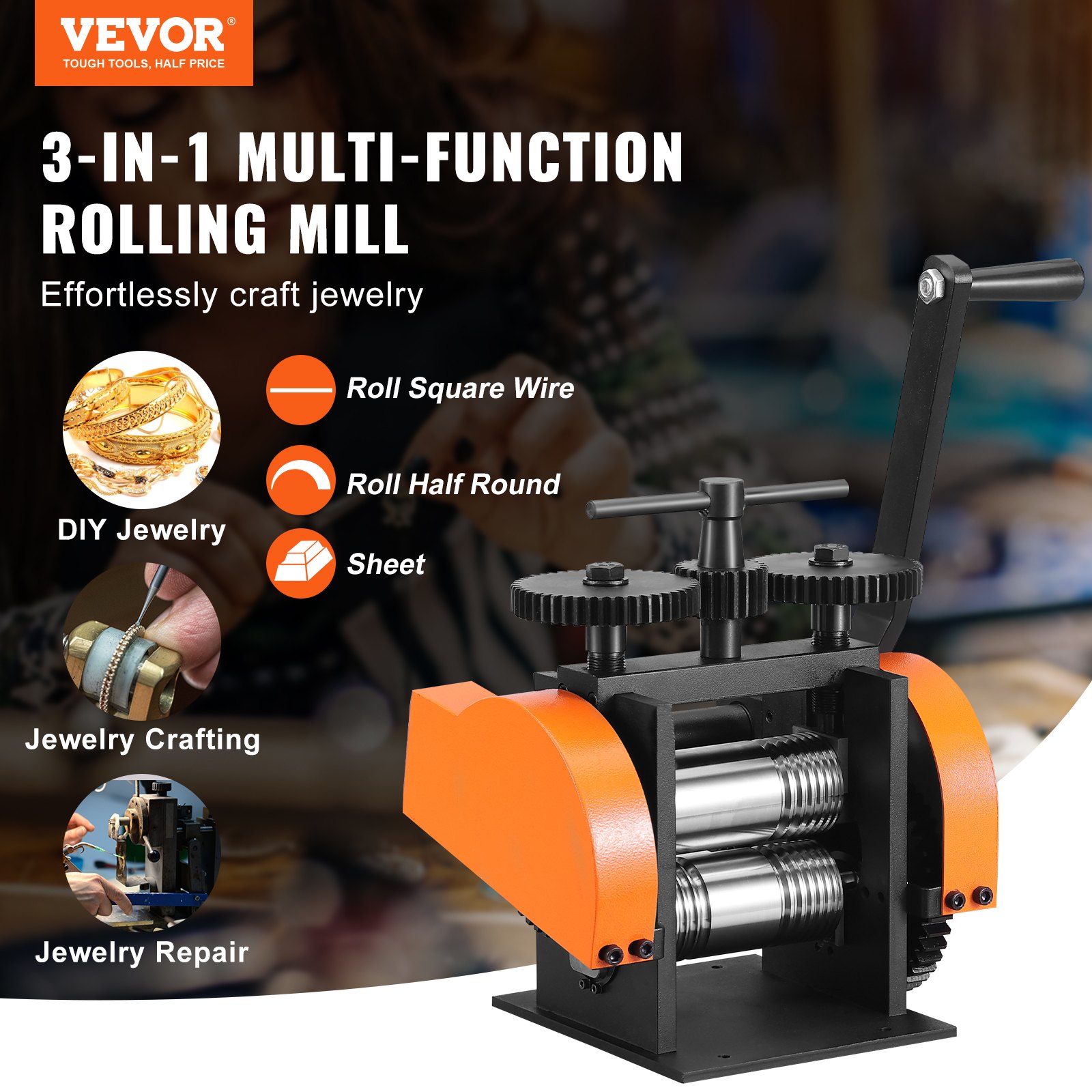 VEVOR Laminador de Joya Ancho 45mm Máquina Laminadora de Joyería Espesor 0-6mm Relación de engranaje ajustable 1:2,4 para fabricación de joyas Procesamiento Chapa Metal Oro Plata Anillo Pulsera Taller