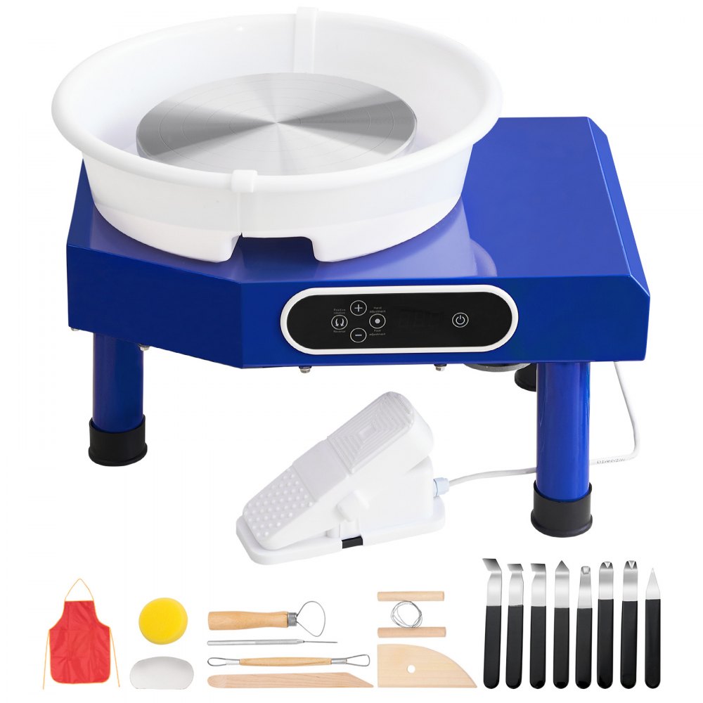 VEVOR Torno de Alfarero Placa de Aluminio 25 cm Rueda de Cerámica Eléctrica, para Manualidades, Velocidad Ajustable 60-300 RPM, Control de Pedal, Depósito Desmontable, Pantalla LCD, Kit de Accesorios